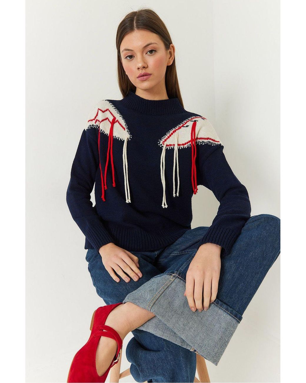 Bianco Lucci Blue Fringed Crew Neck Patterned Sweater