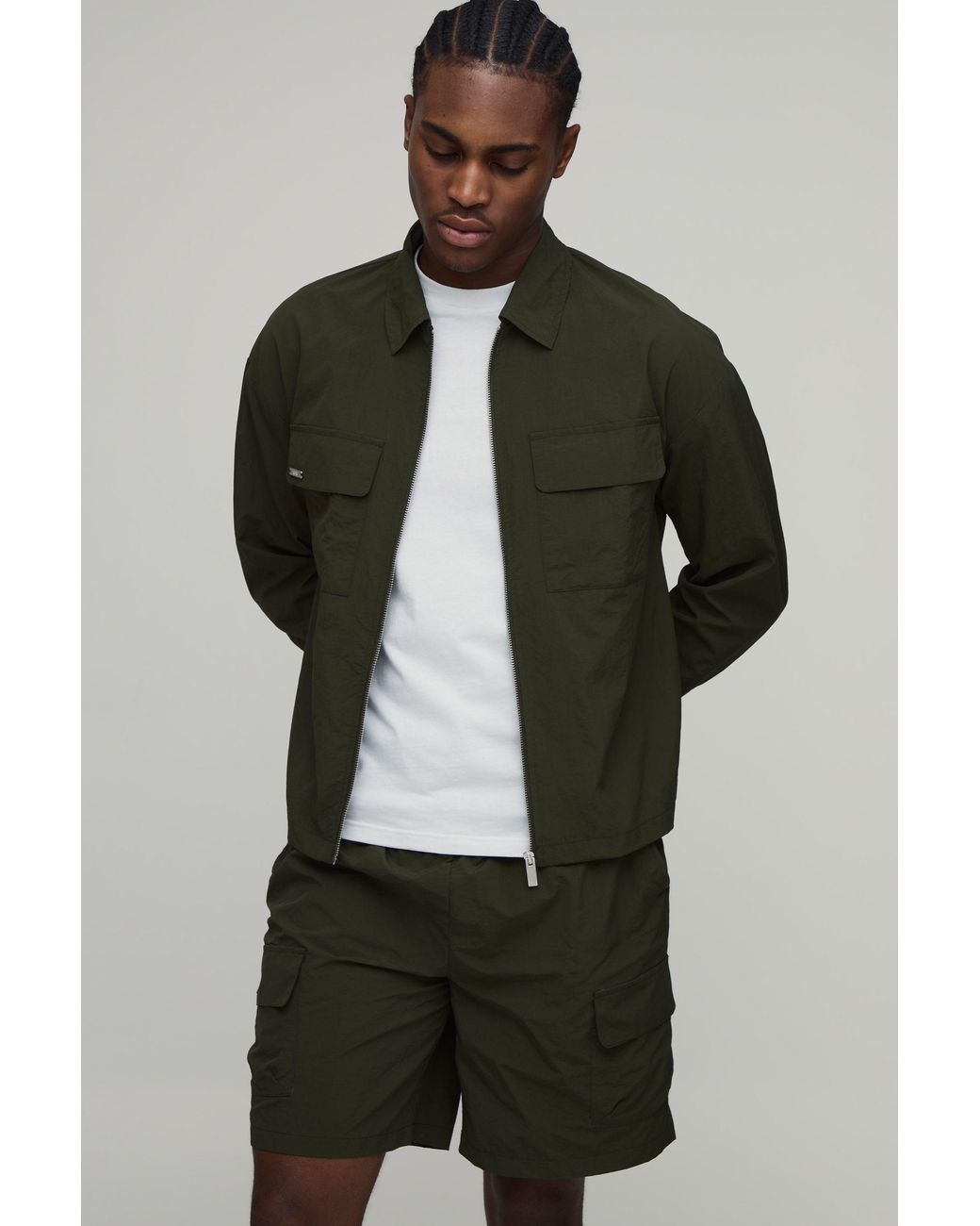 BoohooMAN Green Regular Coated Nylon Cargo Overshirt & Relaxed Short Set for men