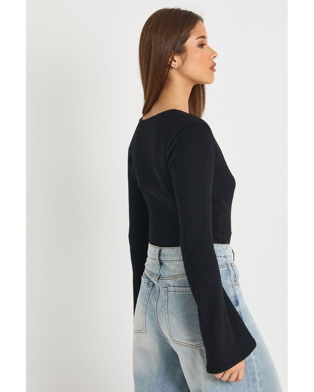 Boohoo Black Soft Brushed Rib V Neck Bodysuit