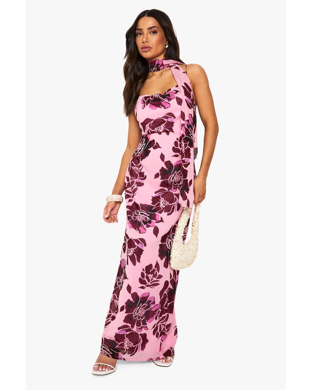Boohoo Red Petite Floral Cowl Neck Maxi Slip Dress