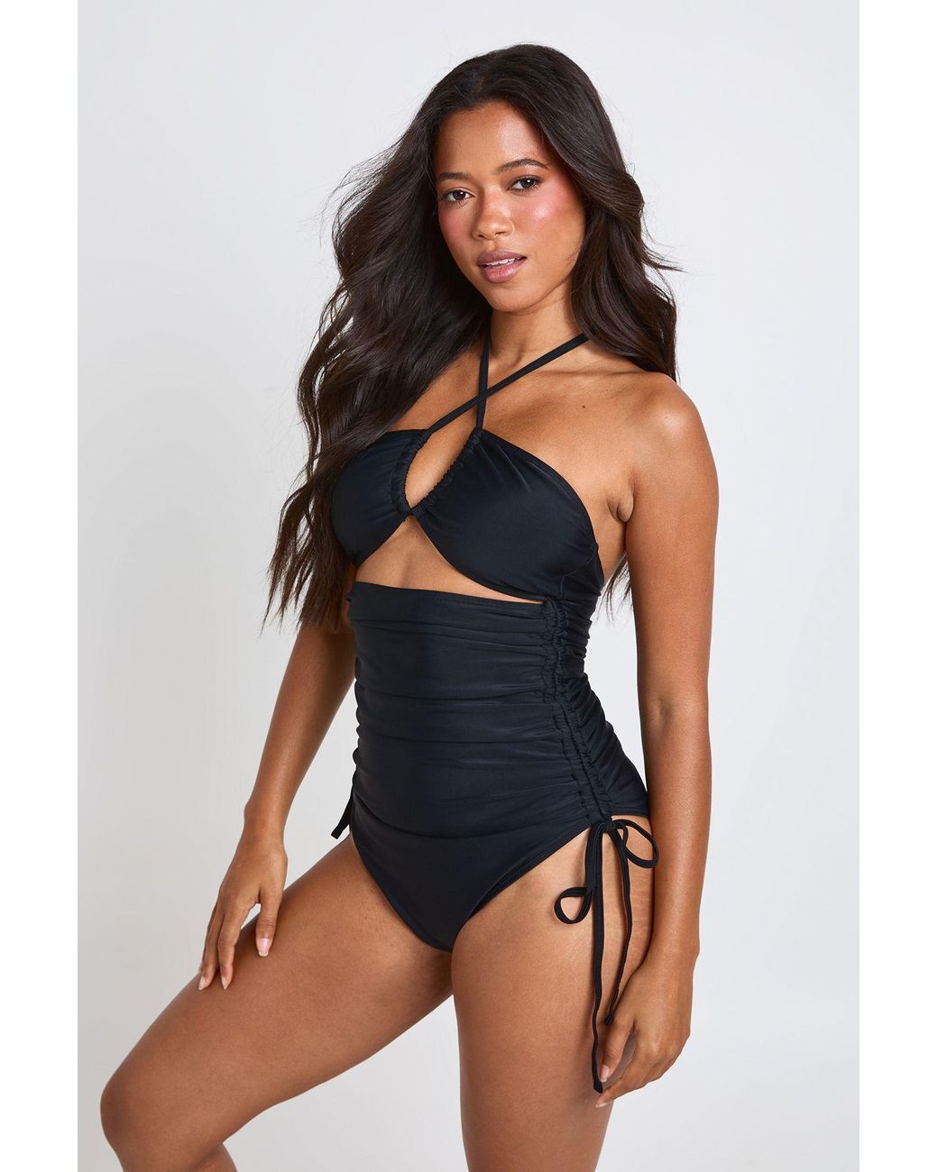 Boohoo Blue Cut Out Ruched Detail Swimsuit