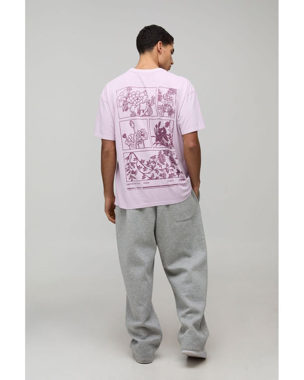 BoohooMAN Pink Washed Oversized Boxy Floral Print Extended Neck T-Shirt for men