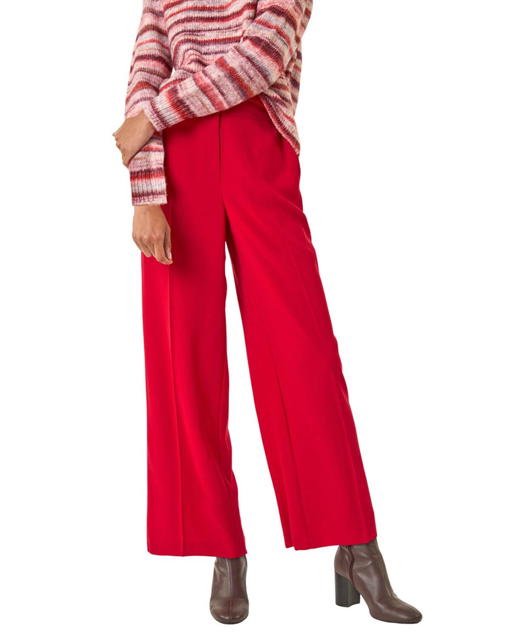 Roman Red Deep Waistband Wide Leg Belted Trouser