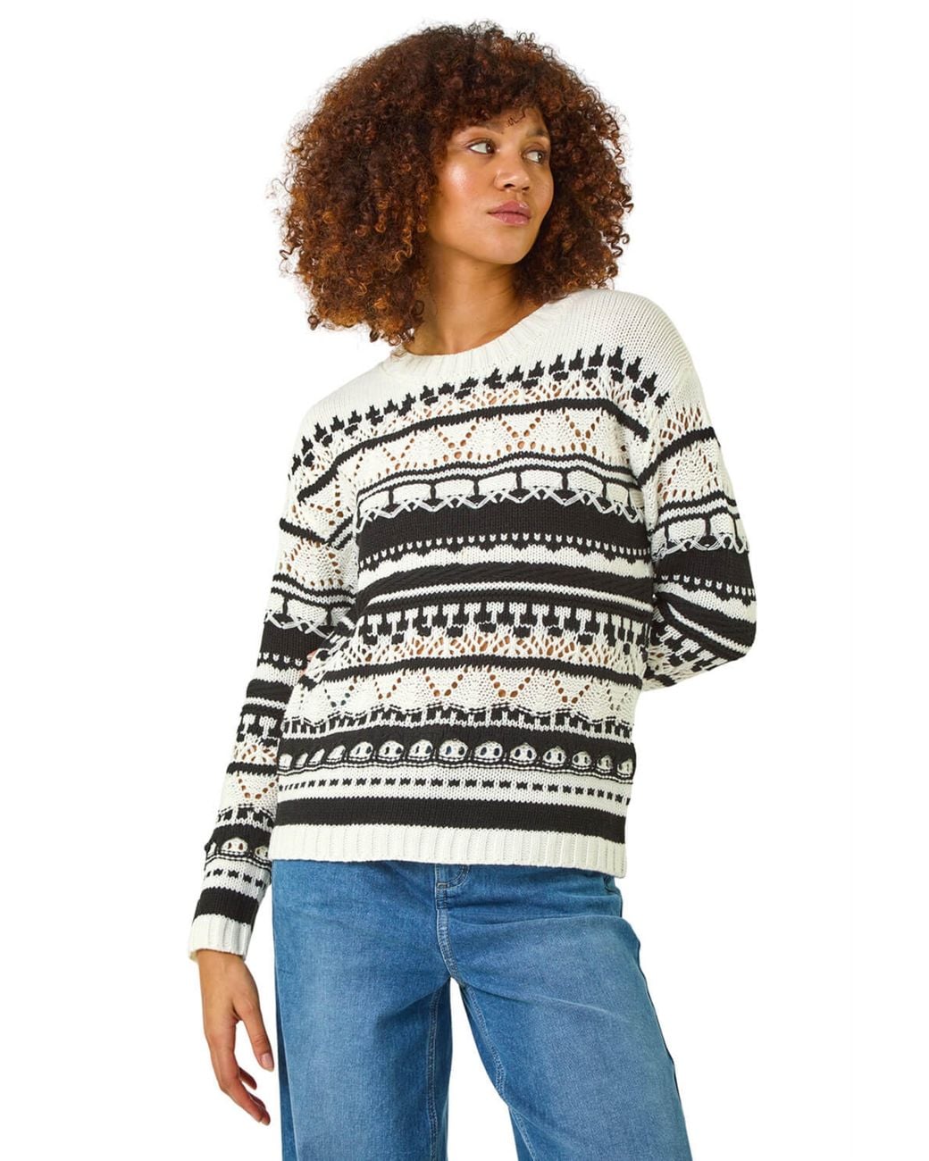 Roman White Contrast Pointelle Knit Jumper