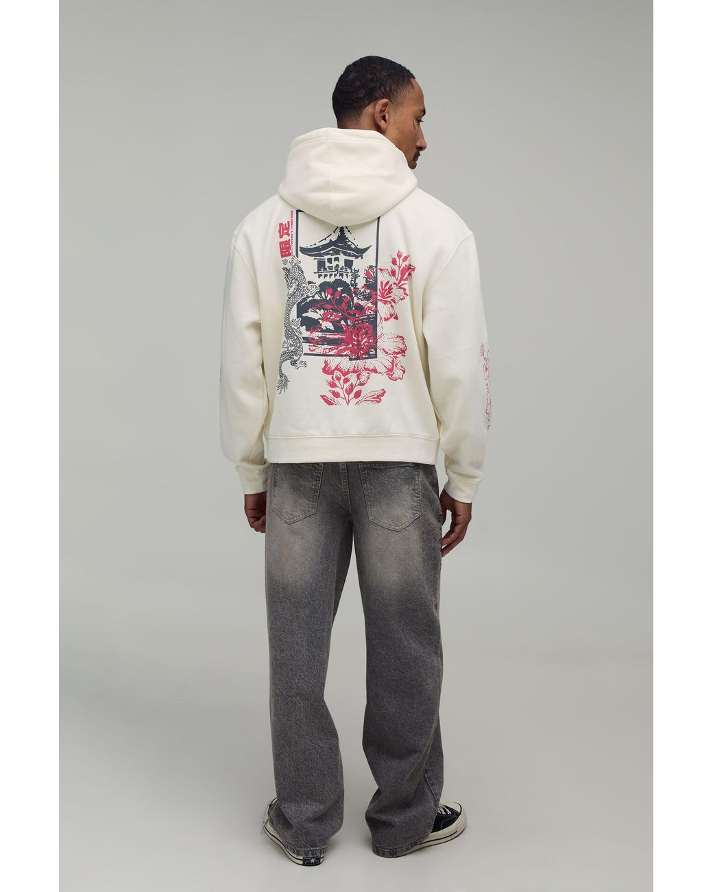 BoohooMAN Gray Oversized Boxy Kyoto Doodle Print Hoodie Cotton for men