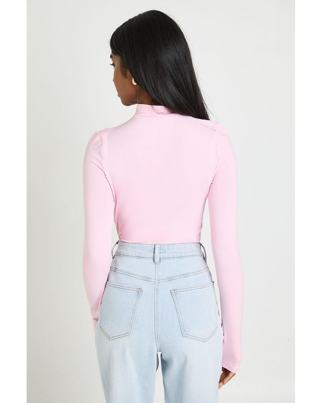 Boohoo Pink Ruched Long Sleeve Asym Button Up Bodysuit