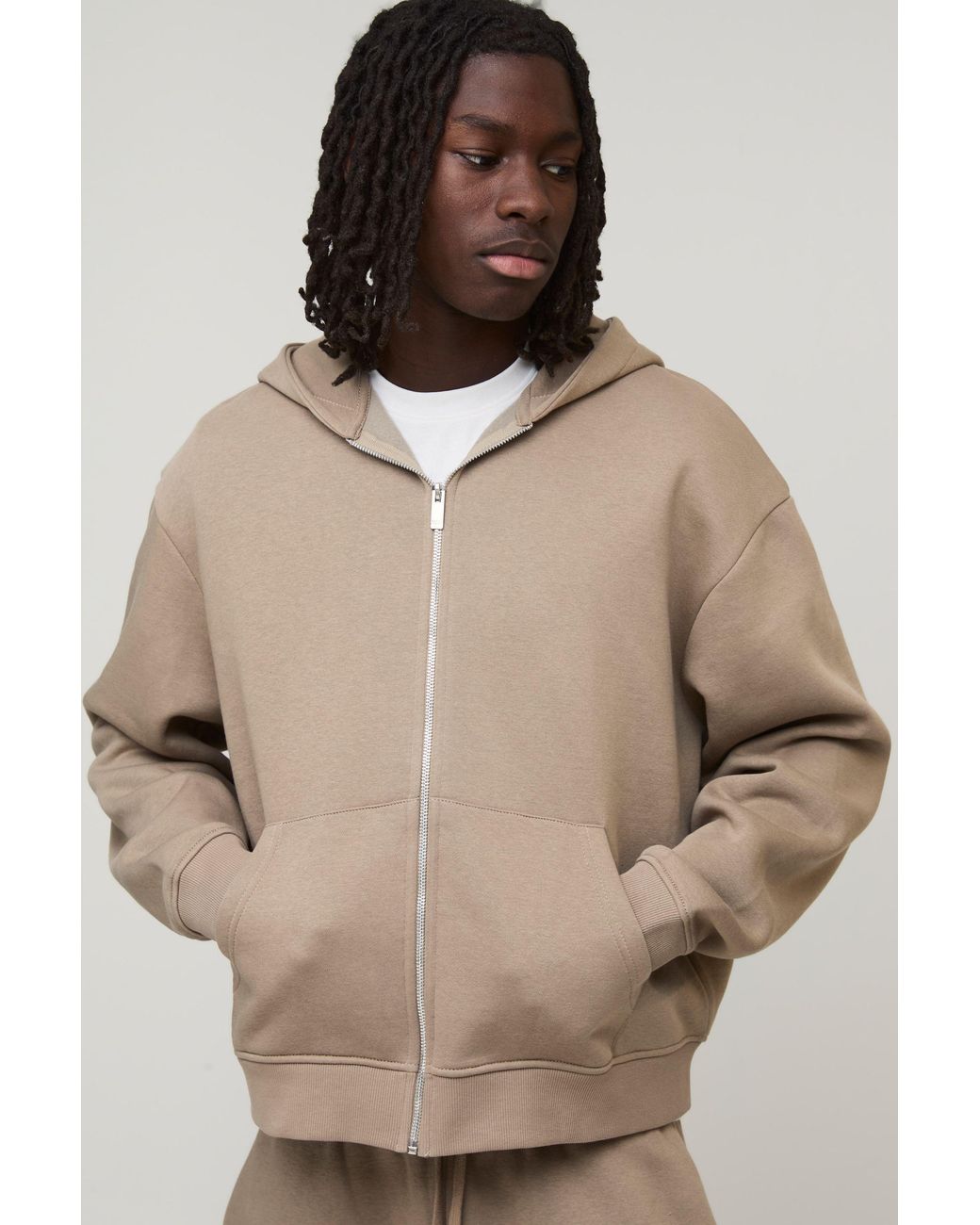 BoohooMAN Natural Basic Oversized Boxy Zip Through Hoodie for men