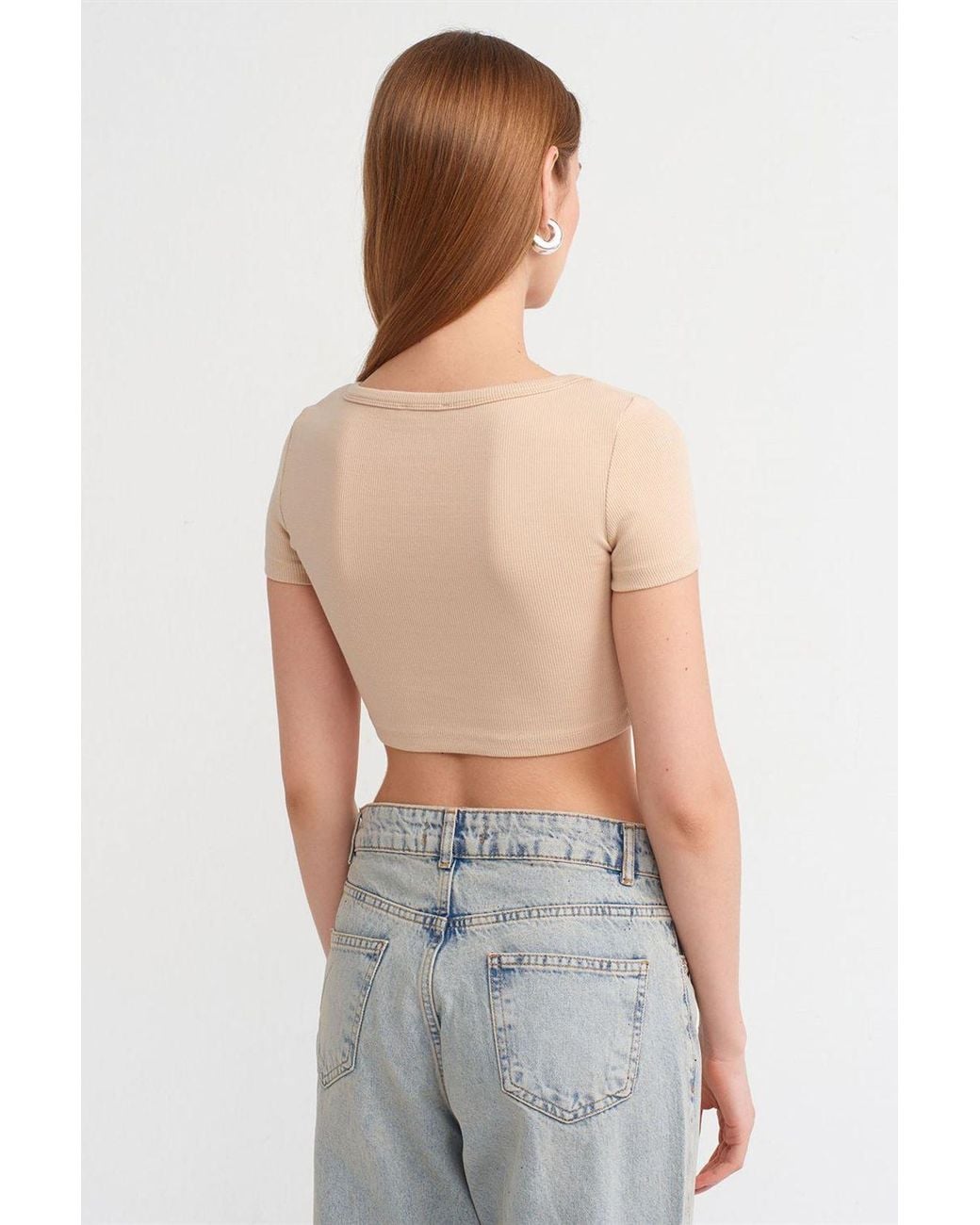 Dilvin Blue Ribbed Crop T-Shirt