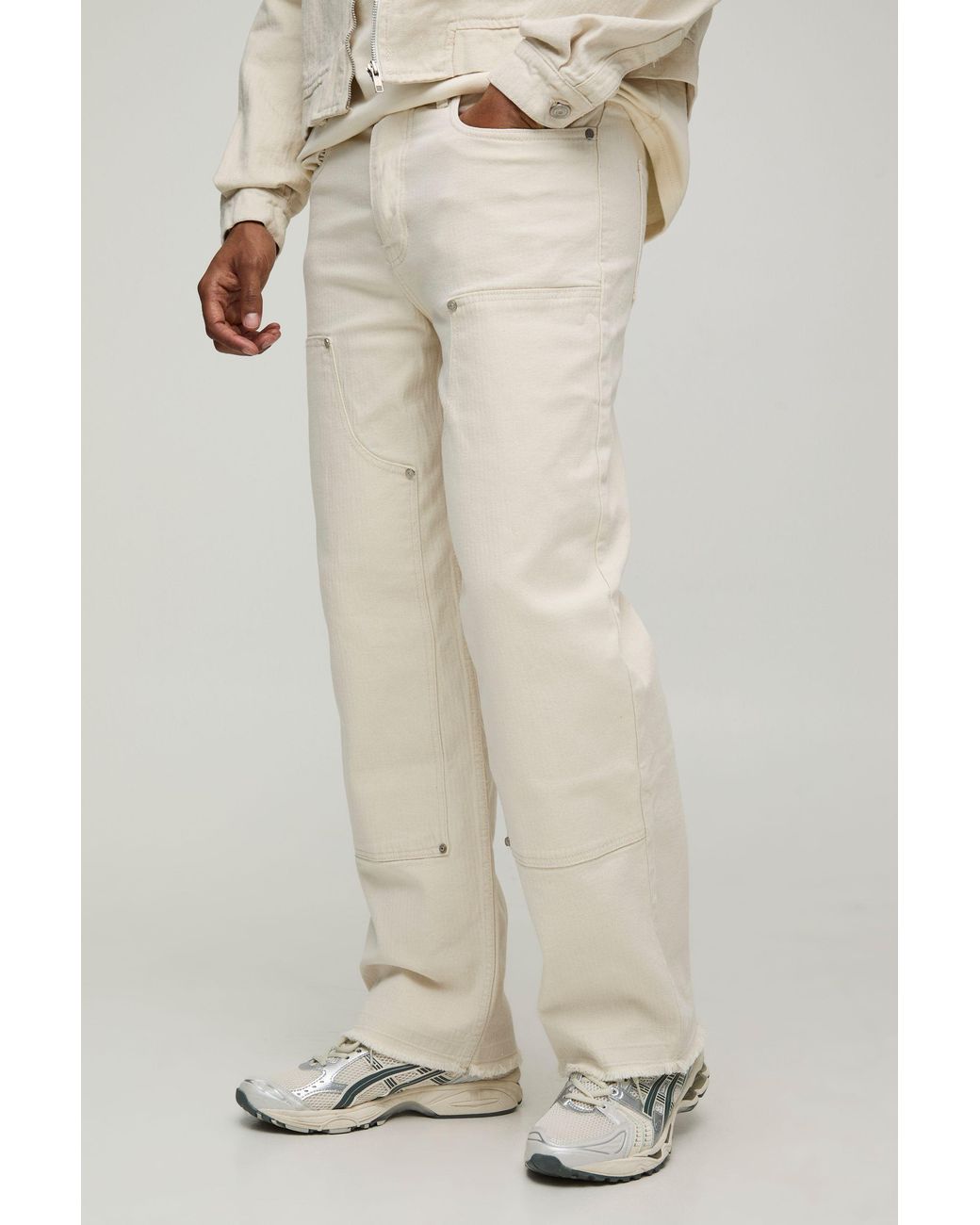 BoohooMAN White Relaxed Herringbone Twill Carpenter Pants for men