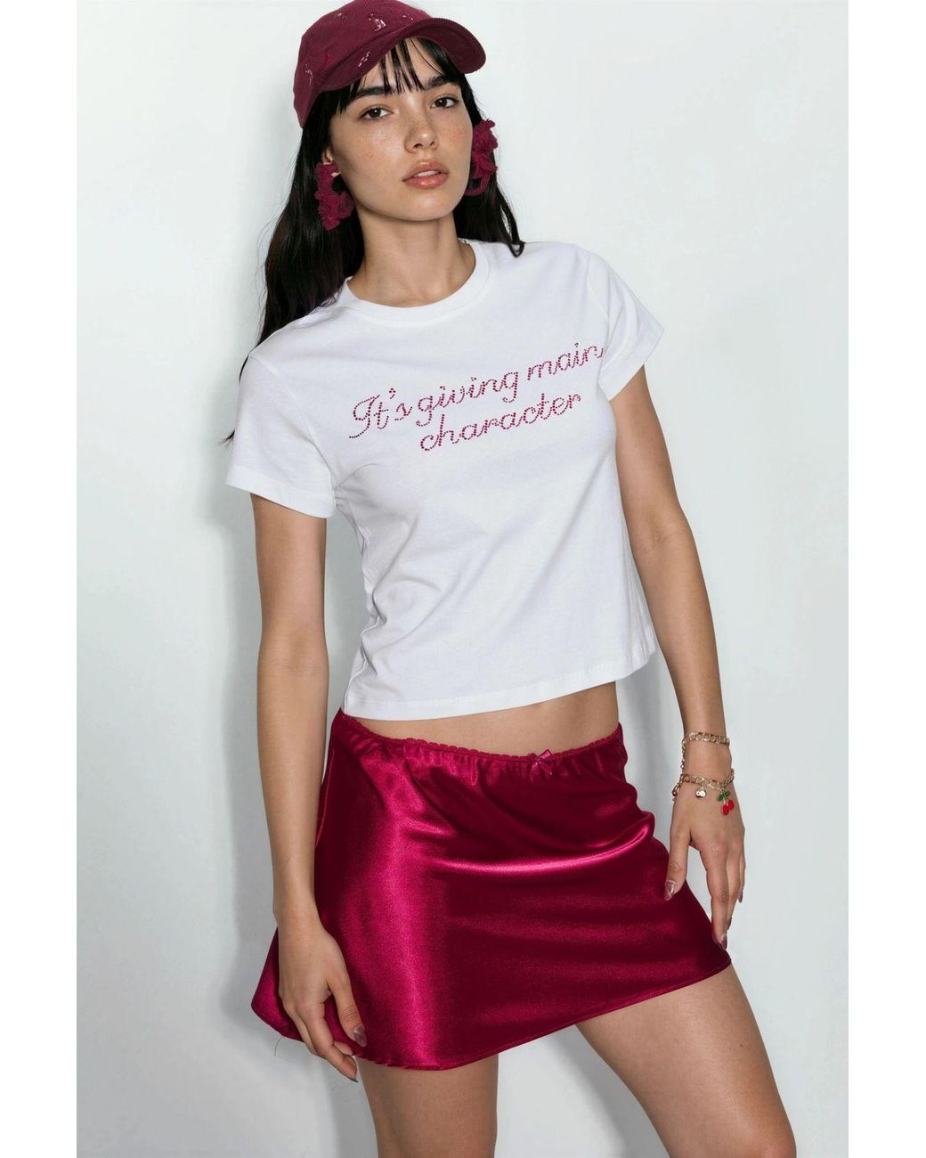 Busem Red Printed Crew Neck Crop T-Shirt
