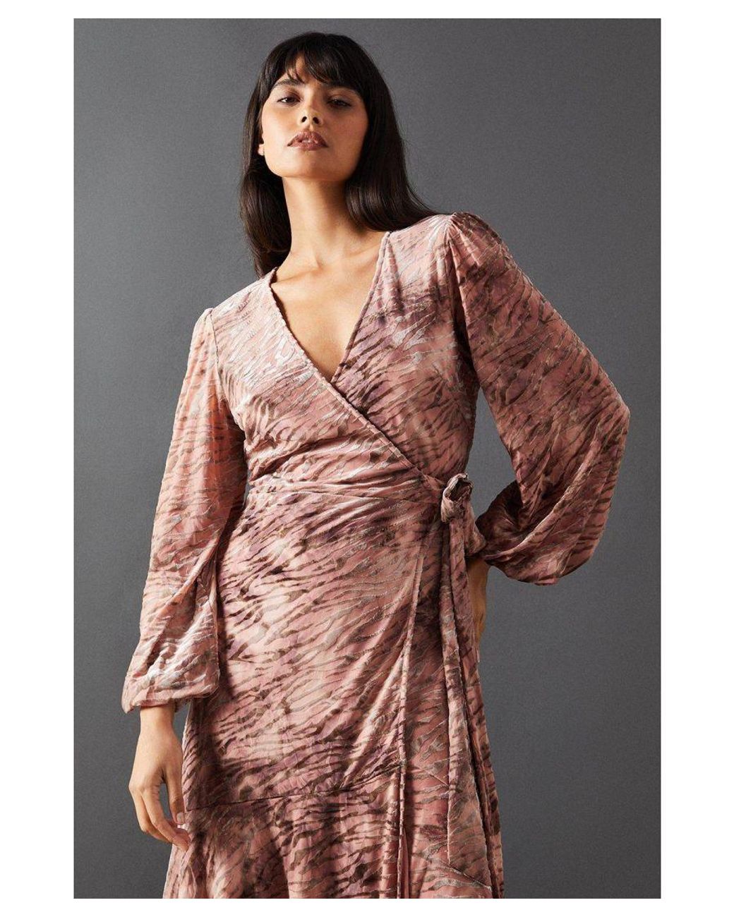 Warehouse Gray Zebra Devore Wrap Midi Dress