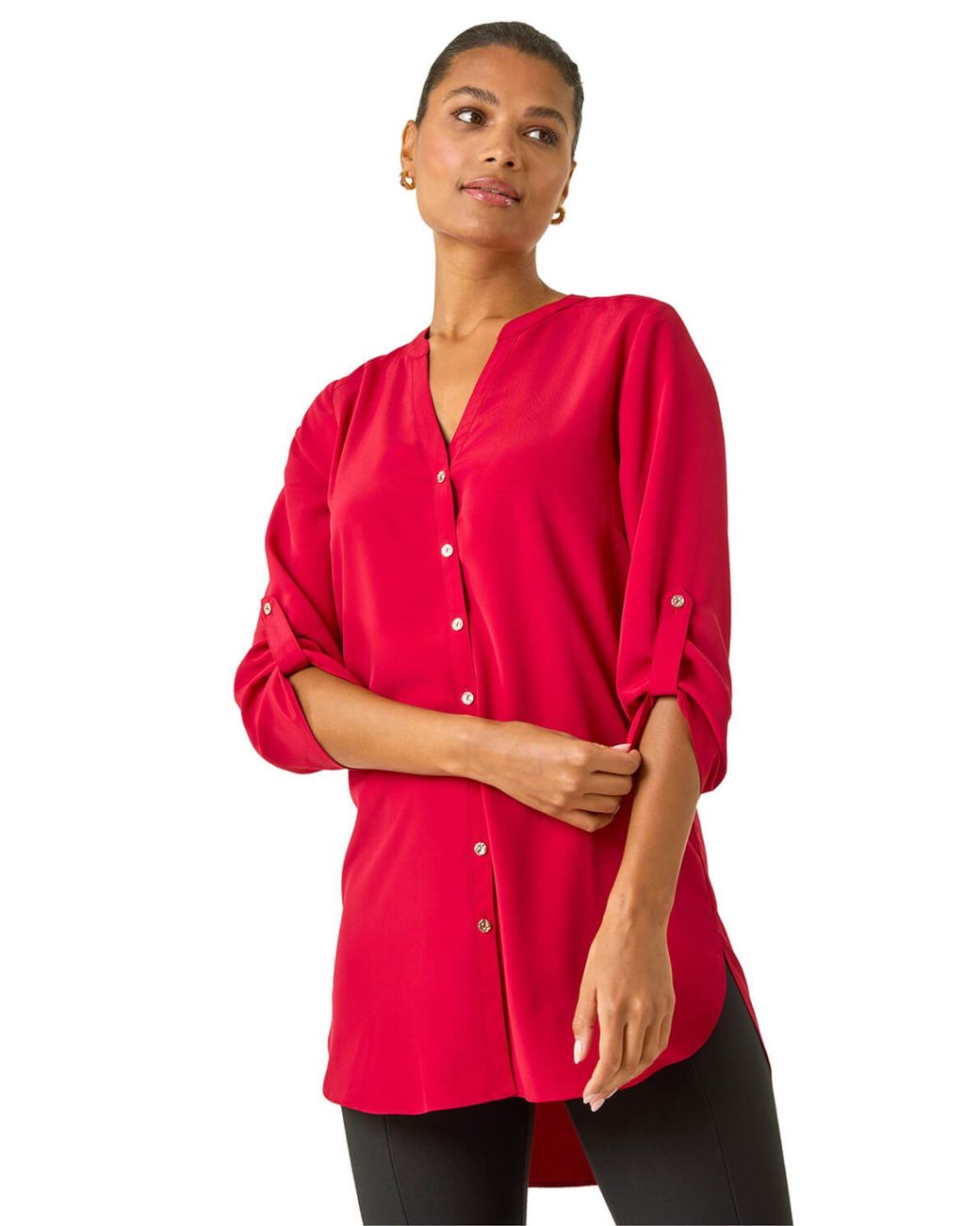 Roman Red Notch Neck Longline Blouse