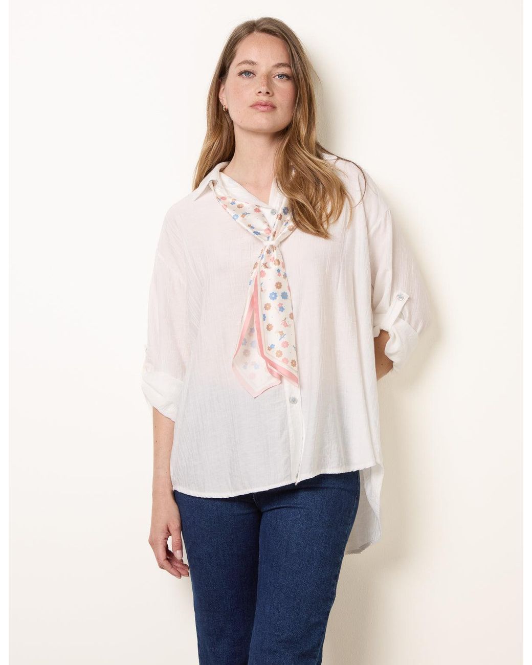 Blue Vanilla White Scarf Viscose Crinkle Shirt