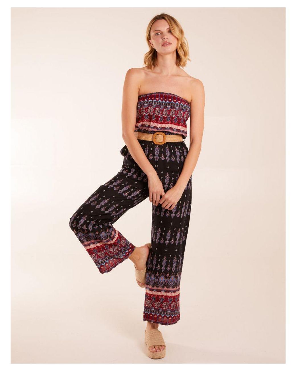 Blue Vanilla Brown Aztec Belted Bandeau Jumpsuit