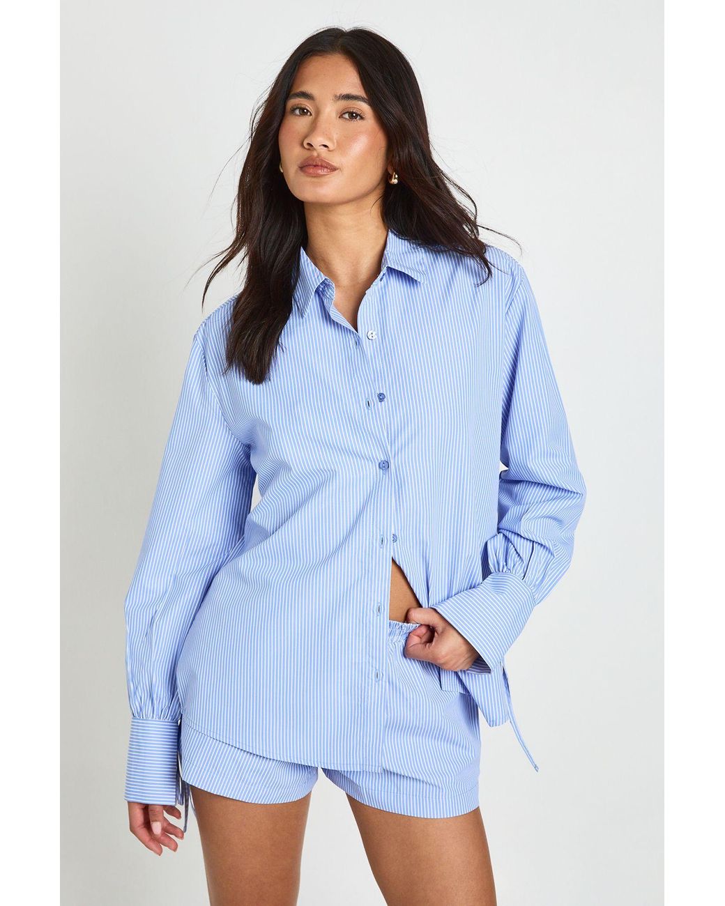 Boohoo Blue Stripe Tie Cuff Shirt & Short Co-Ord