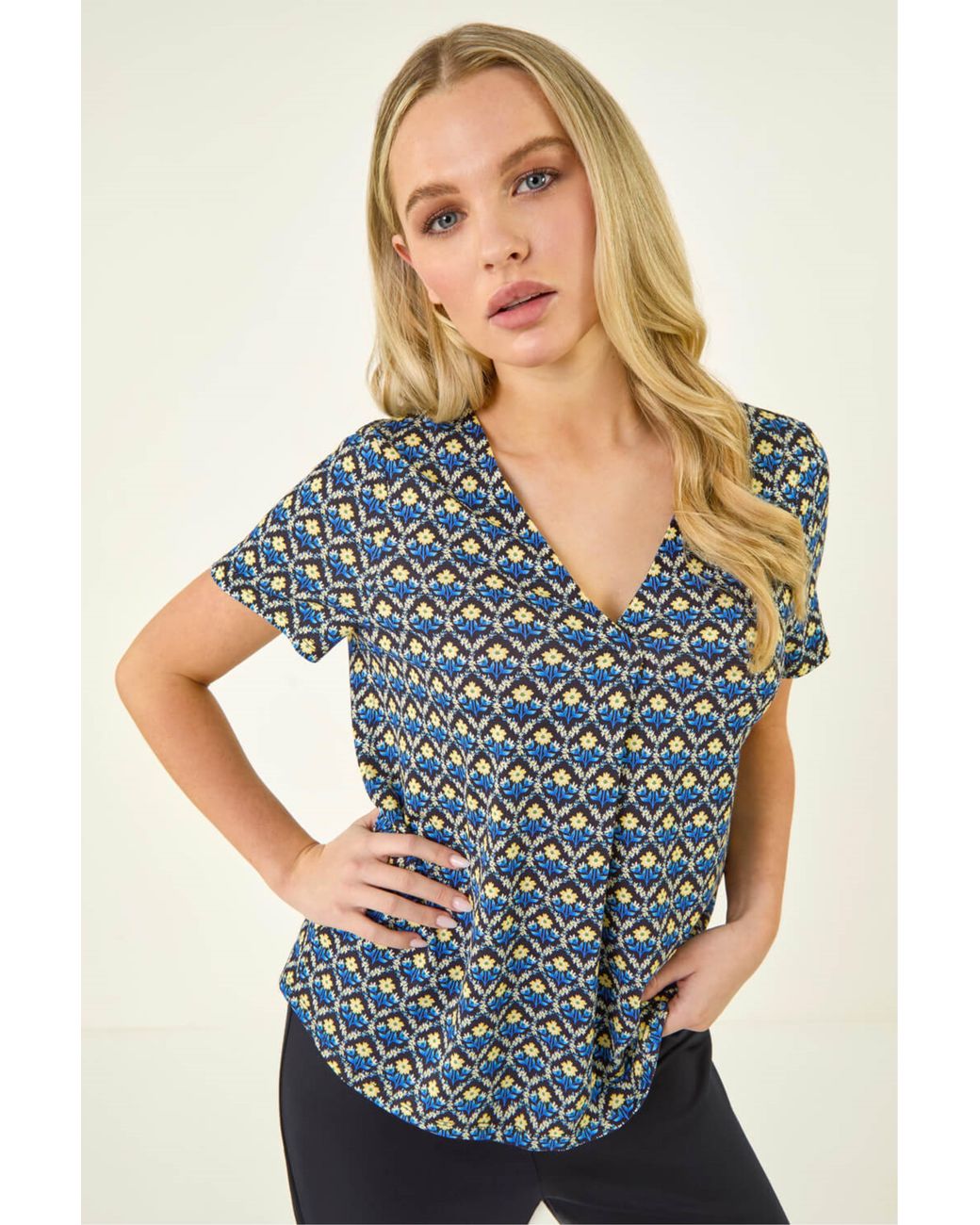 Roman Blue Petite Abstract V-Neck Stretch Top