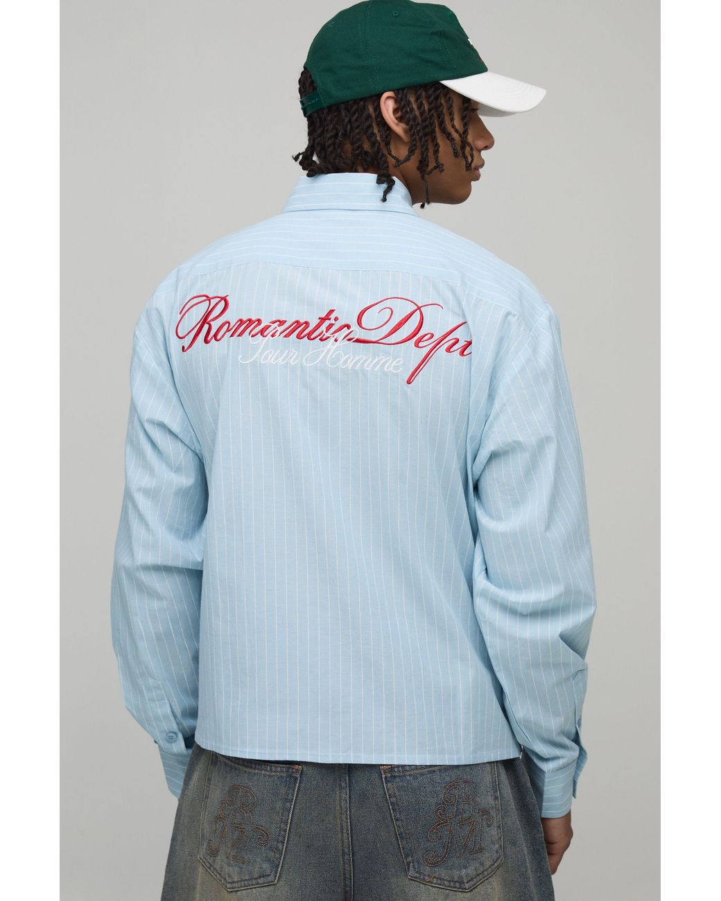 BoohooMAN Blue Oversized Cotton Poplin Pinstripe Graphic Long Sleeve Shirt for men