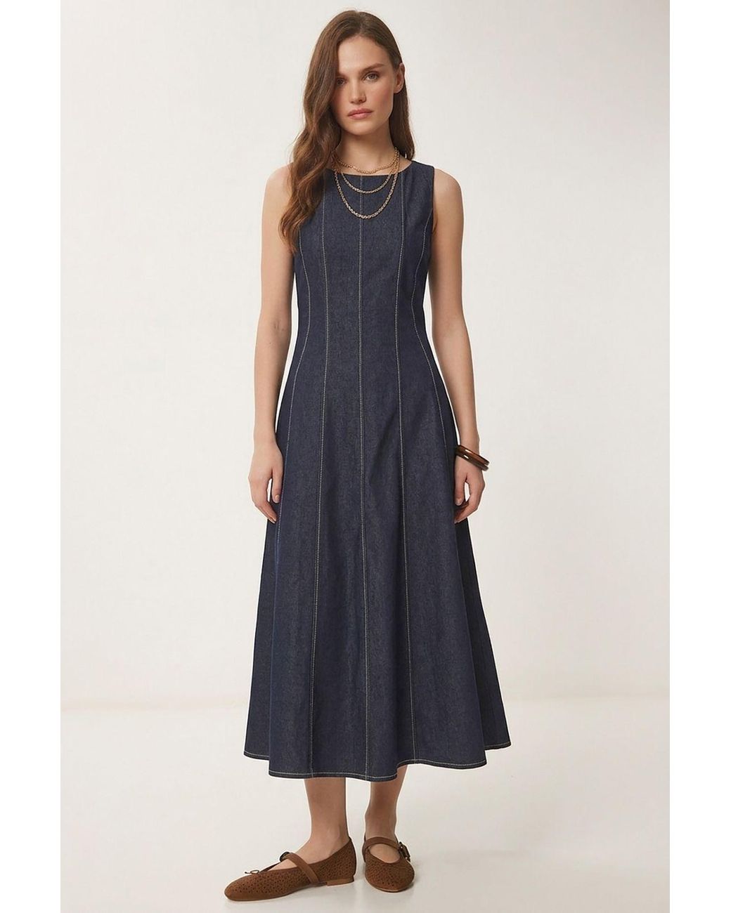 Happiness İstanbul Blue A-Line Midi Denim Dress With Crew Neck