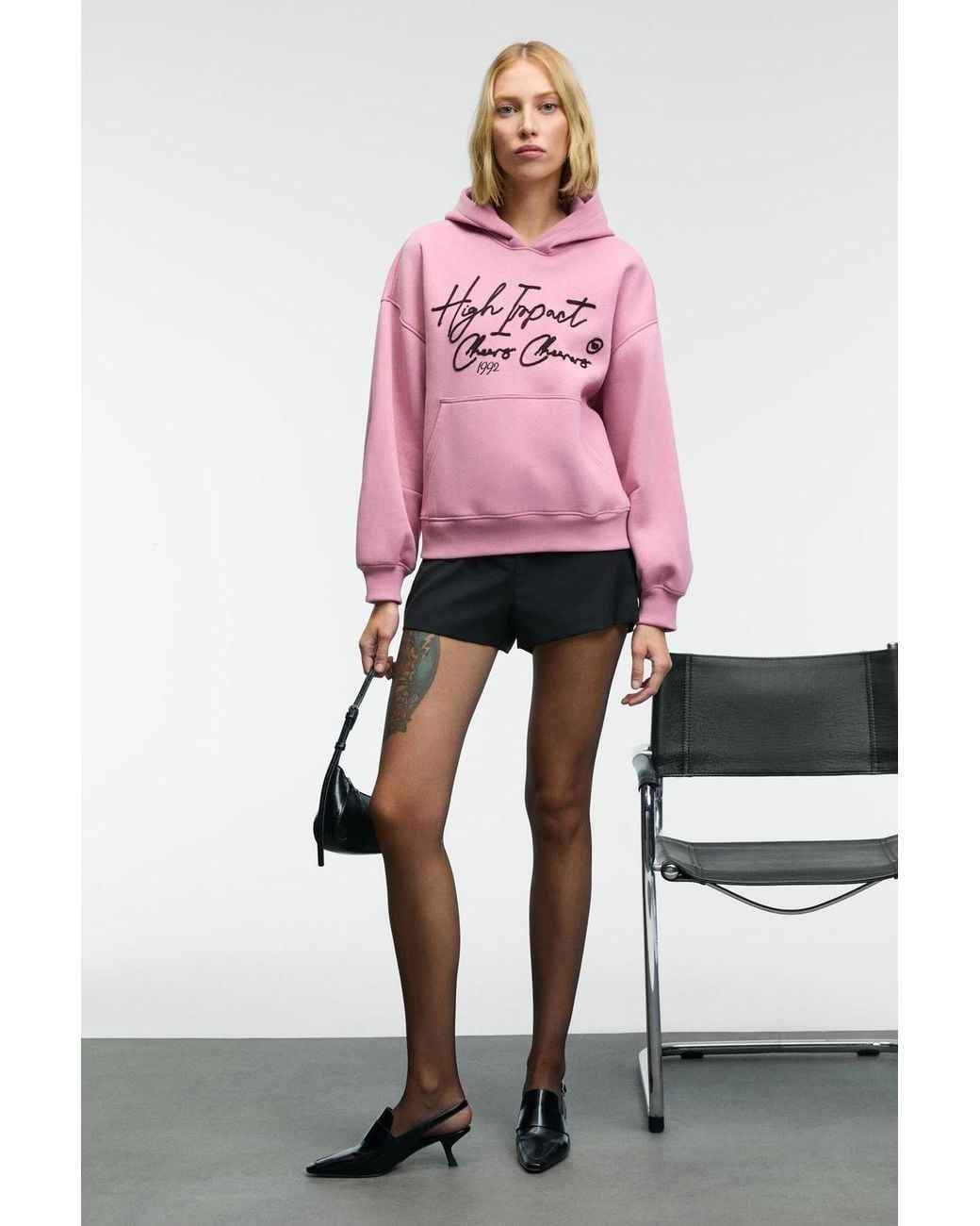Grimelange Pink Oversized Hooded Printed Sweatshirt