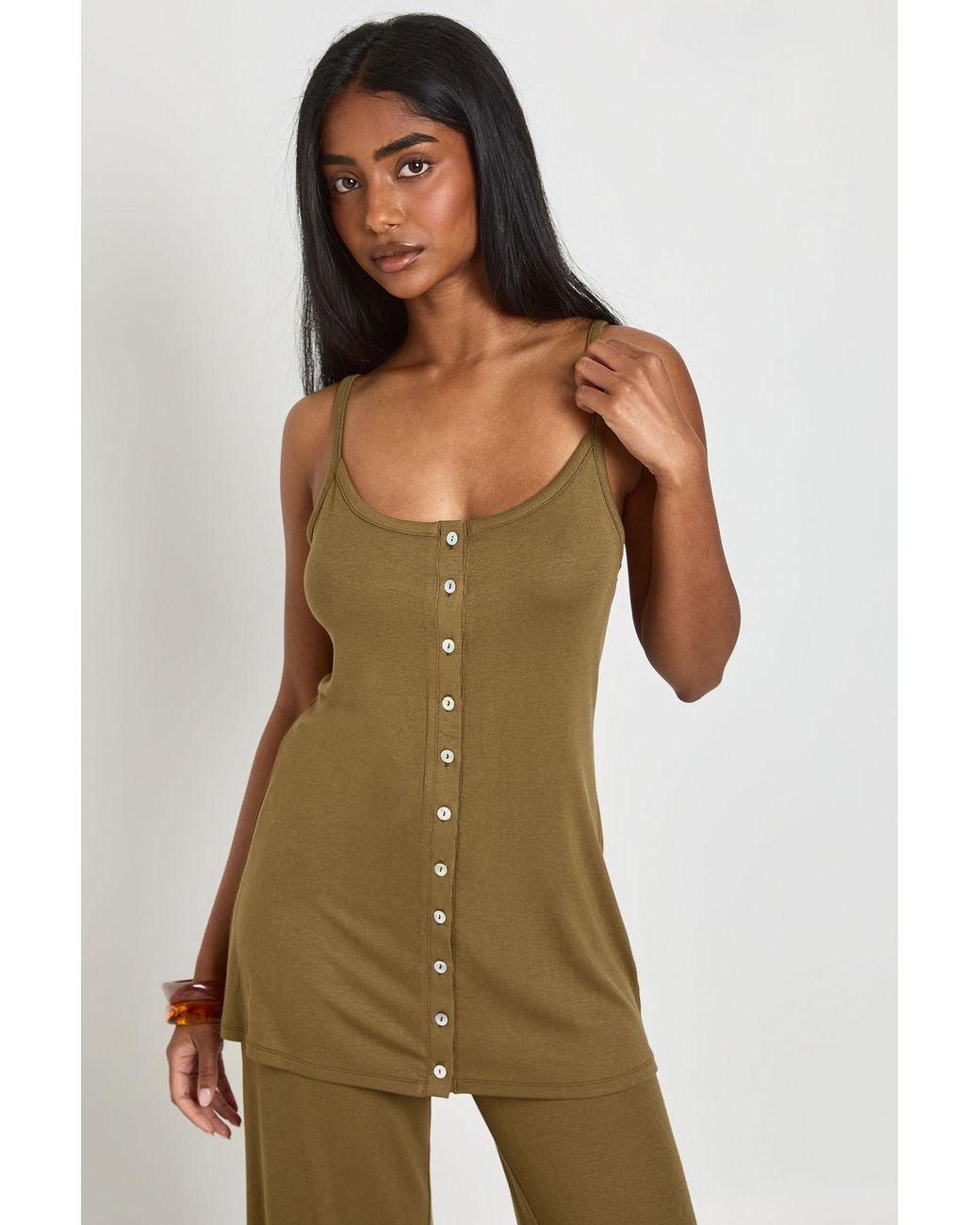 Boohoo Green Long Line Cami With Pearlised Buttons