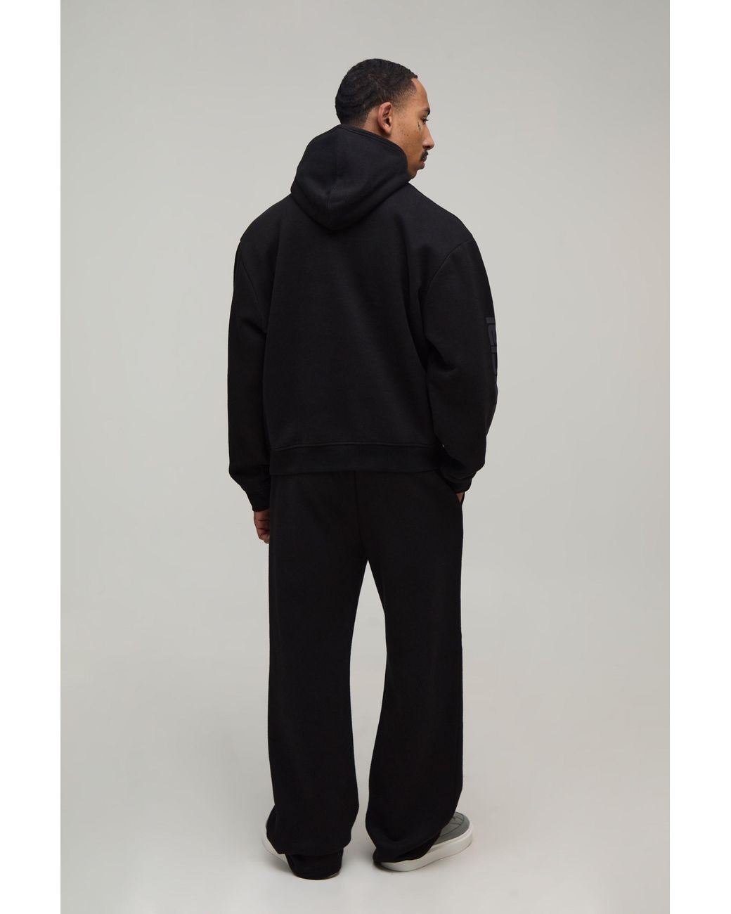 BoohooMAN Blue Oversized Shrunken Funnel Plush High Build Print Hoodie & Flare Jogger for men