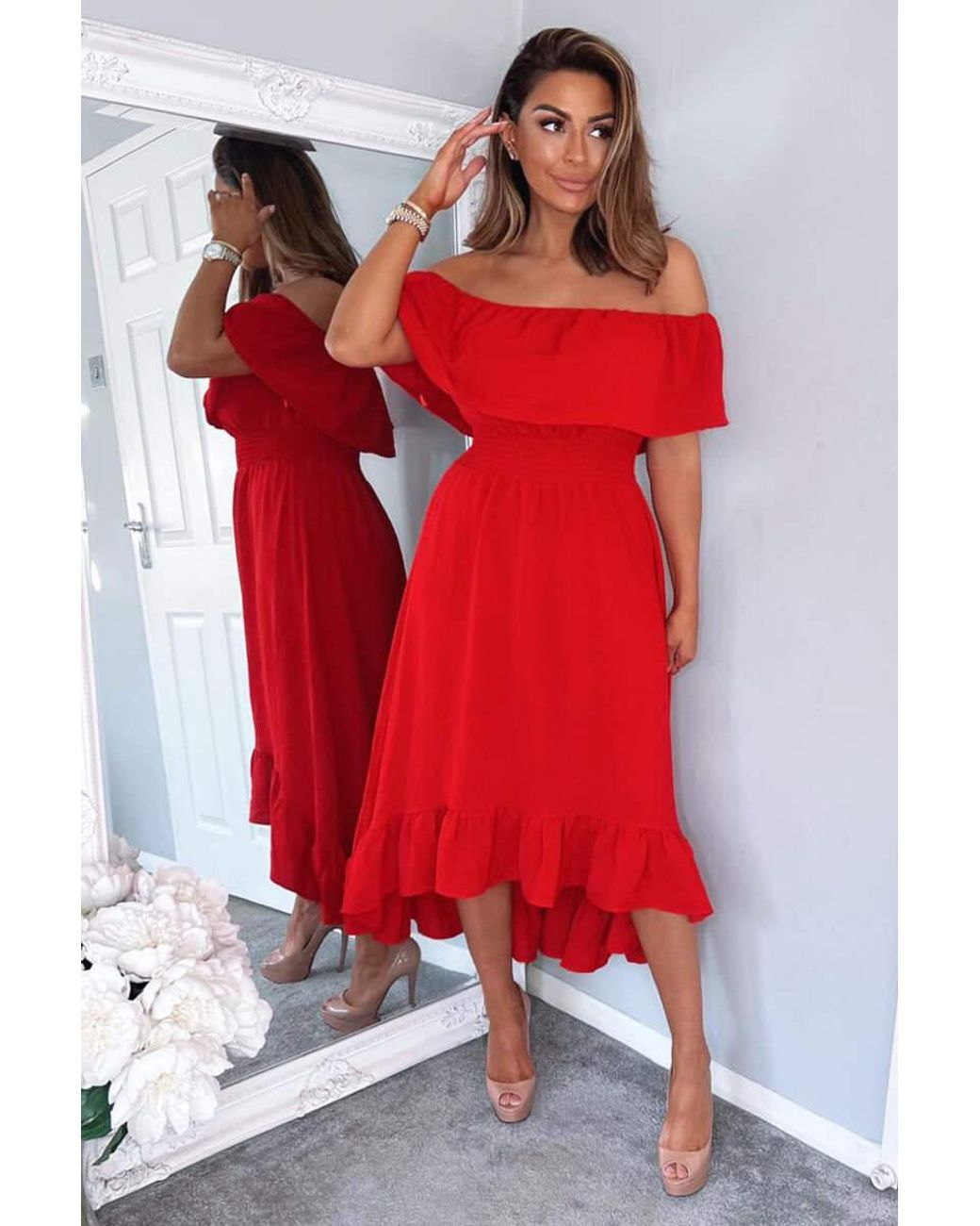 AX Paris Bardot Style Midi Dress in Red Lyst UK