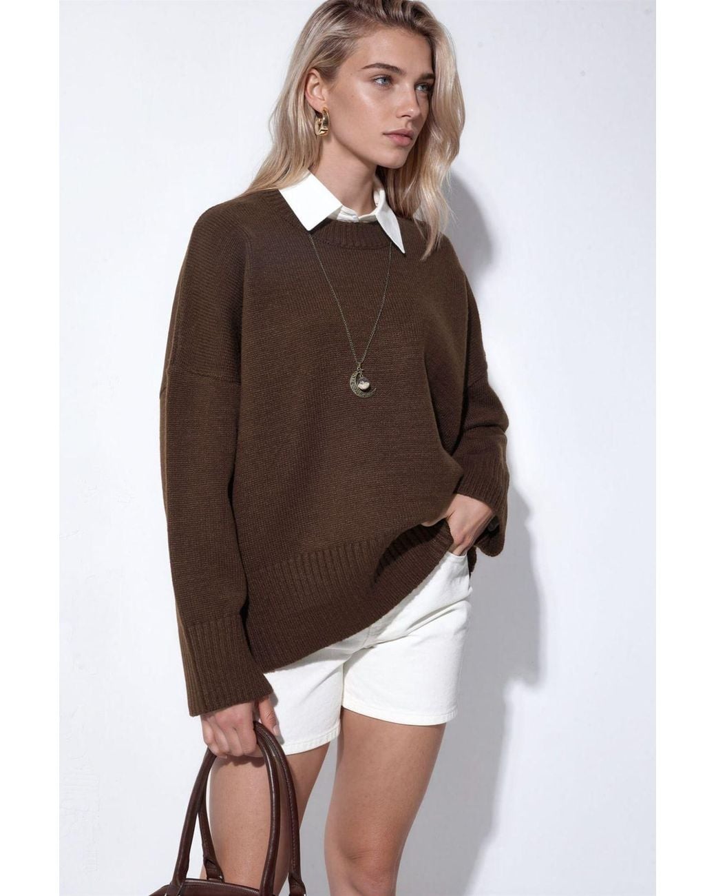 Hiccup Brown Oversized Crew Neck Knit Sweater