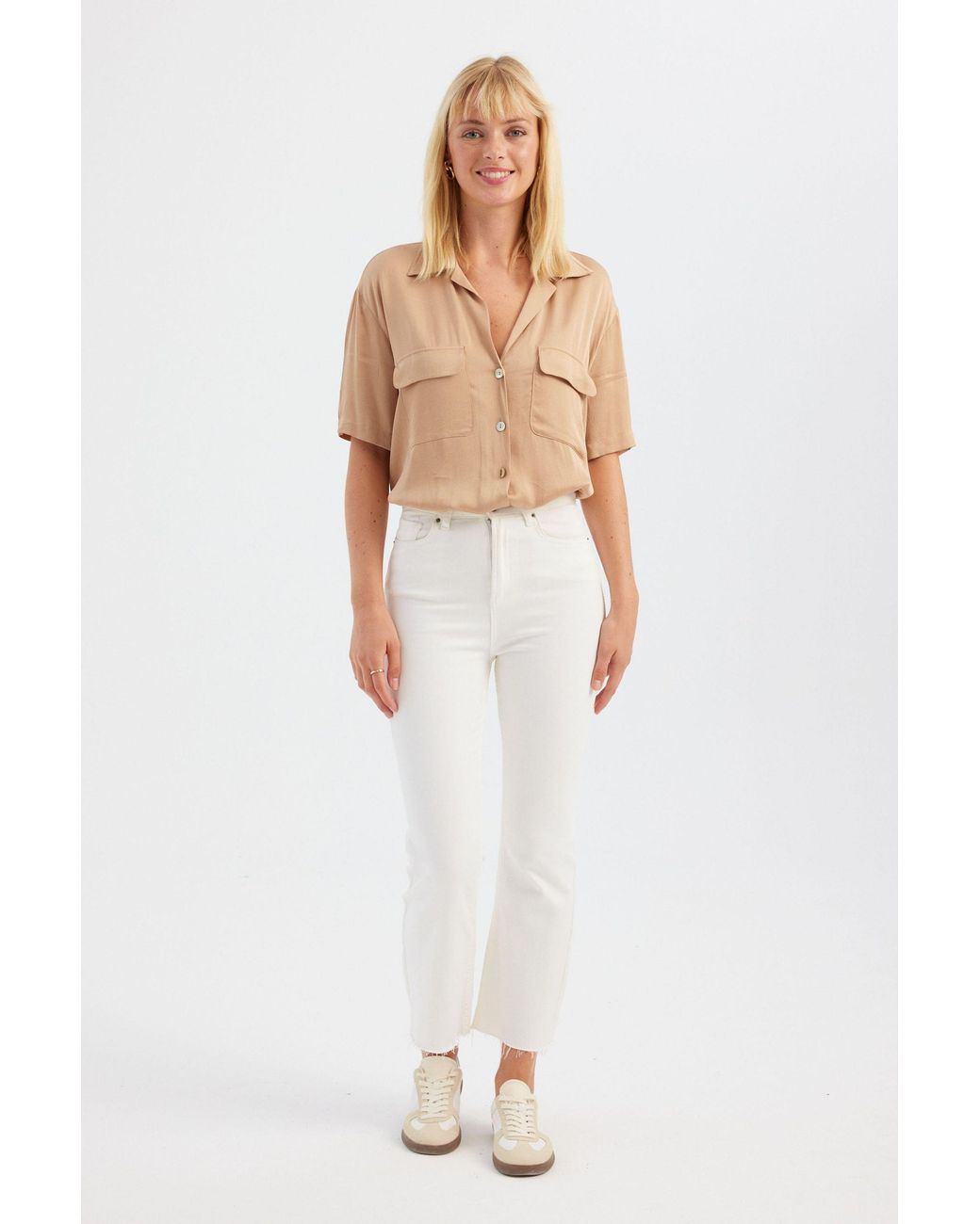 Hiccup White Solid Pocket Short Sleeve Relaxed Shirt
