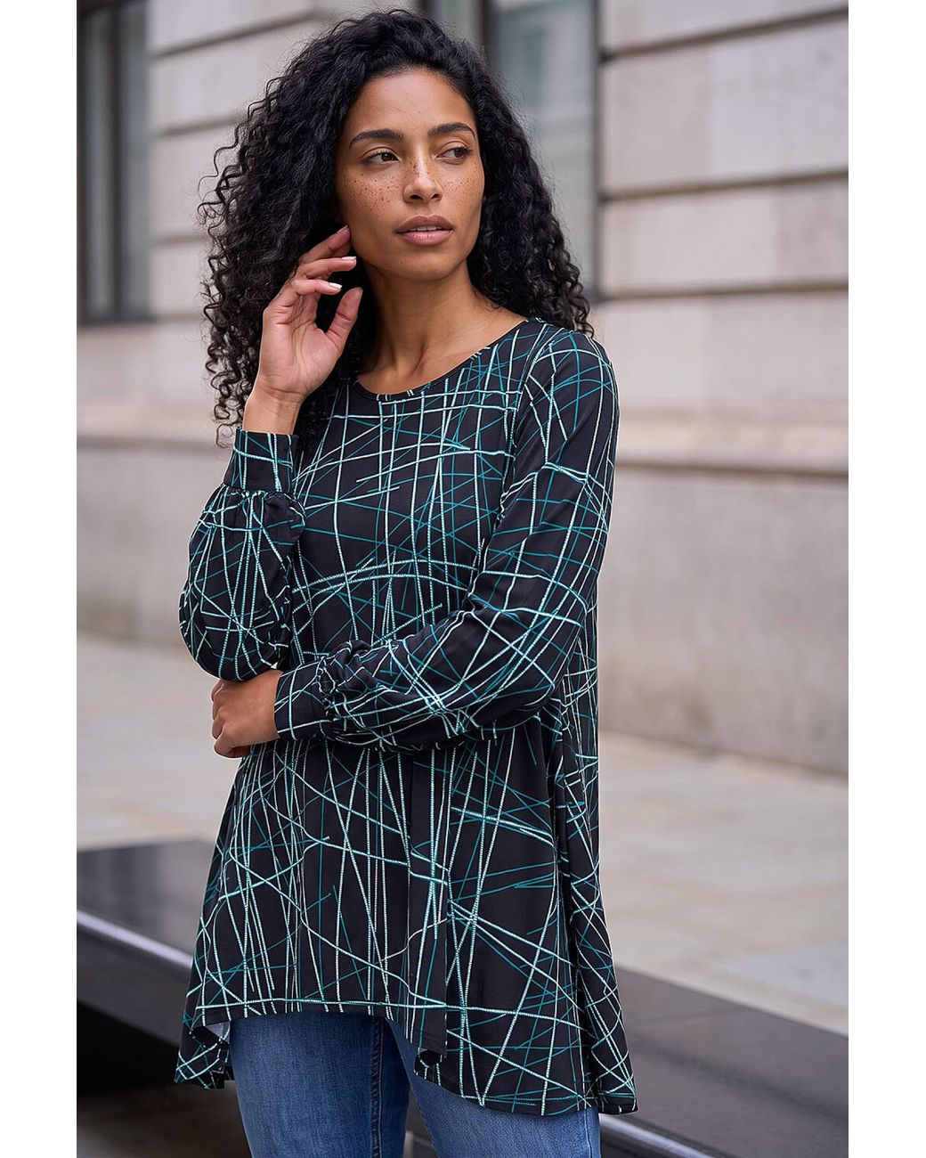 Roman Blue Abstract Geometric Tunic Top