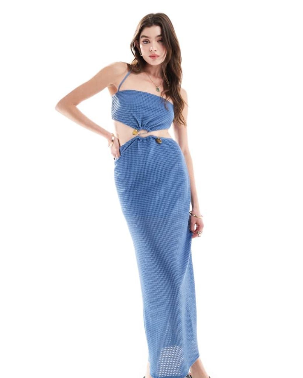 ASOS Blue Bead Trim Cutout Bandeau Crochet Midi Dress