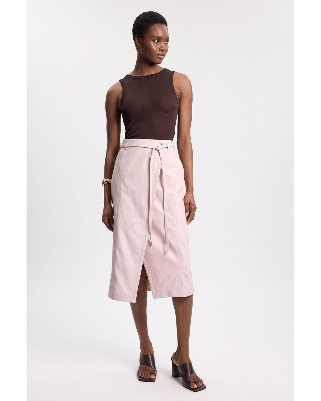 Karen Millen Pink Leather Tie Up Belted Midi Skirt