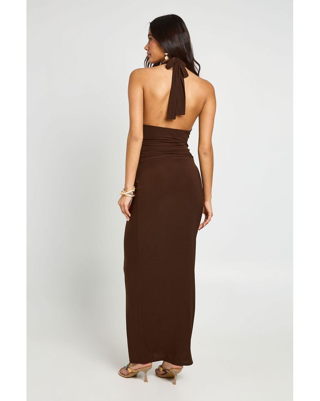 Boohoo Brown Double Layer Slinky Knot Detail Halterneck Top
