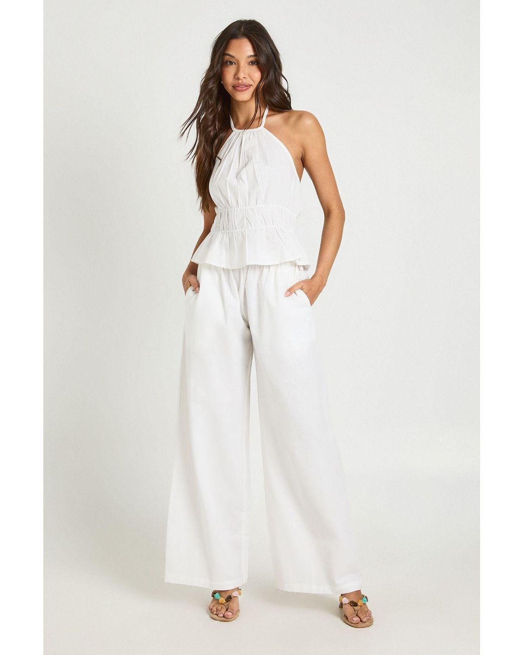 Boohoo White Linen Look Shirred Halter Neck Top & Wide Leg Trouser Co-Ord