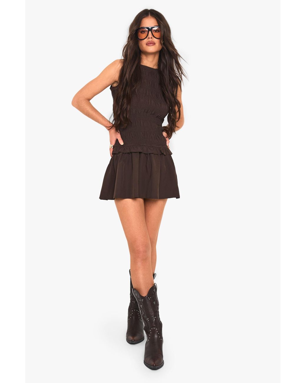 Boohoo Black Shirred Racer Neck Smock Dress