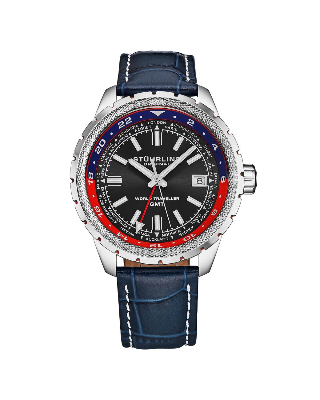 Stuhrling Blue Global Voyager 1014 Gmt World Timer Watch for men