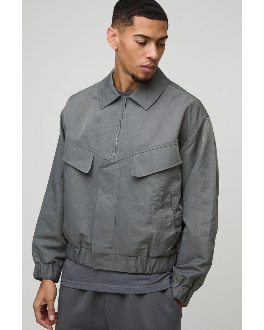 BoohooMAN Gray Oversized Boxy Peached Nylon Pocket Harrington Jacket for men