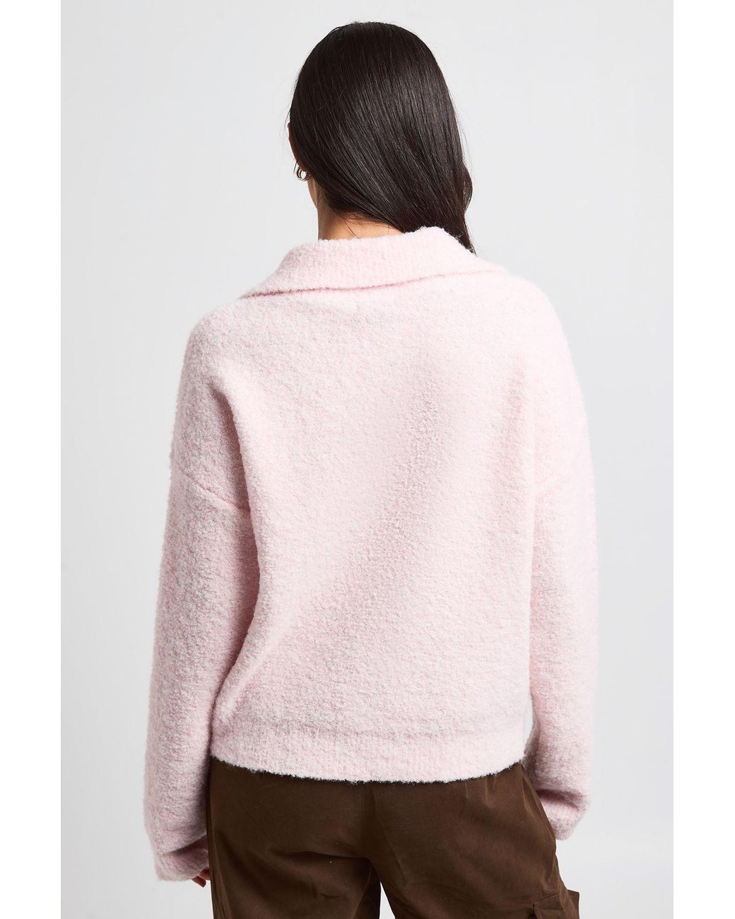 Boohoo White Collared Boucle Knitted Pocket Detail Jumper