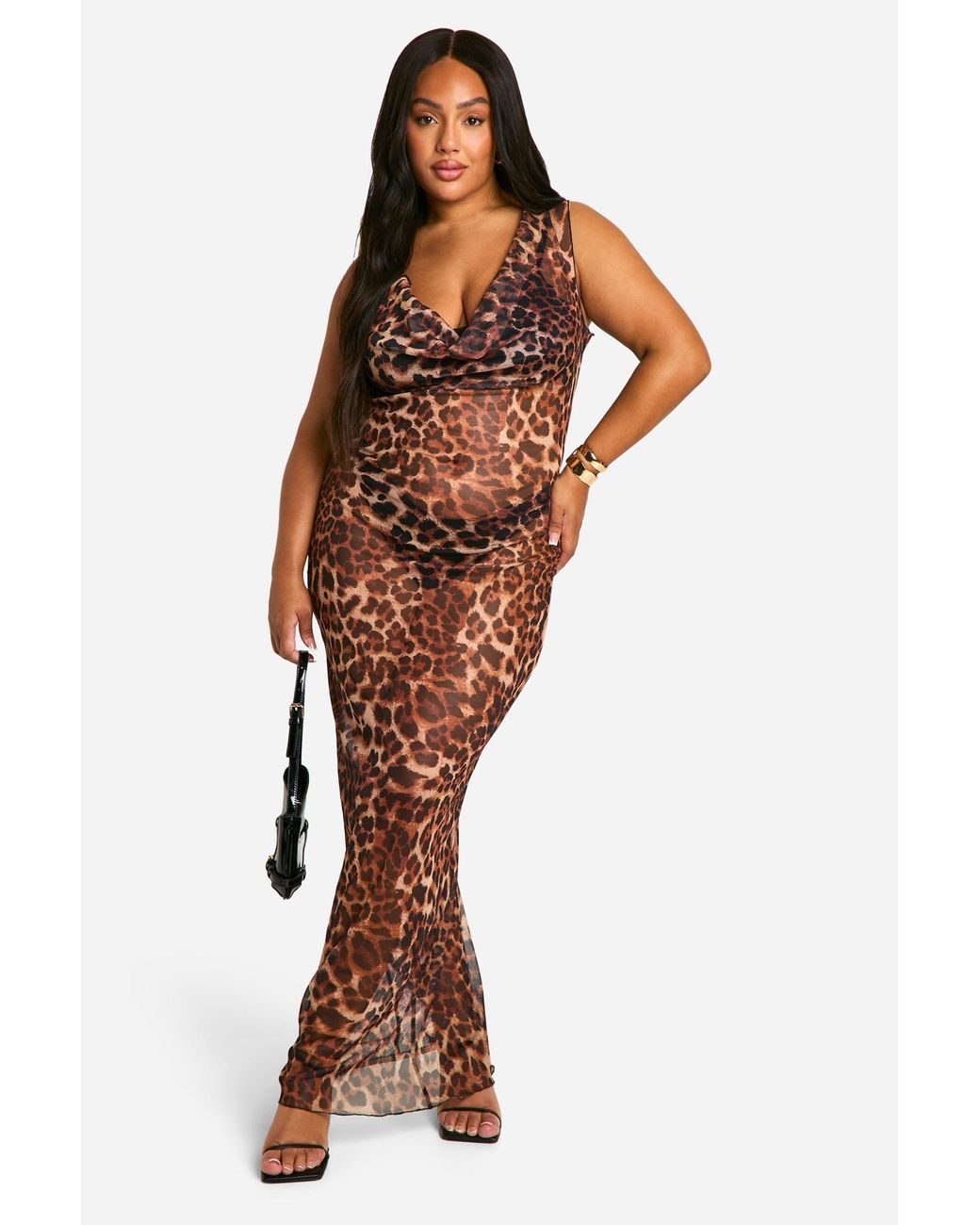 Boohoo Brown Plus Mesh Cowl Neck Maxi Dress