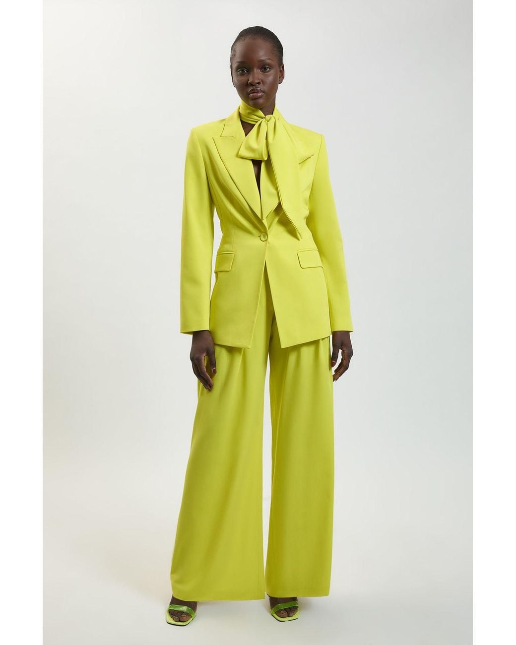 Karen Millen Yellow Compact Viscose Wide Leg Tailored Trouser