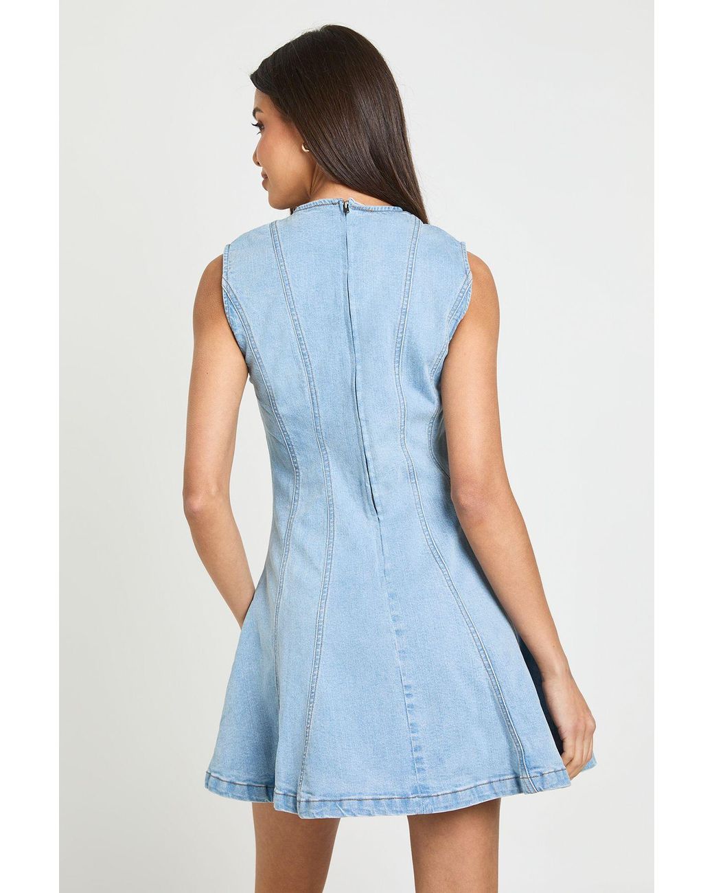 Boohoo Blue Sleeveless Seam Detail Denim Mini Dress