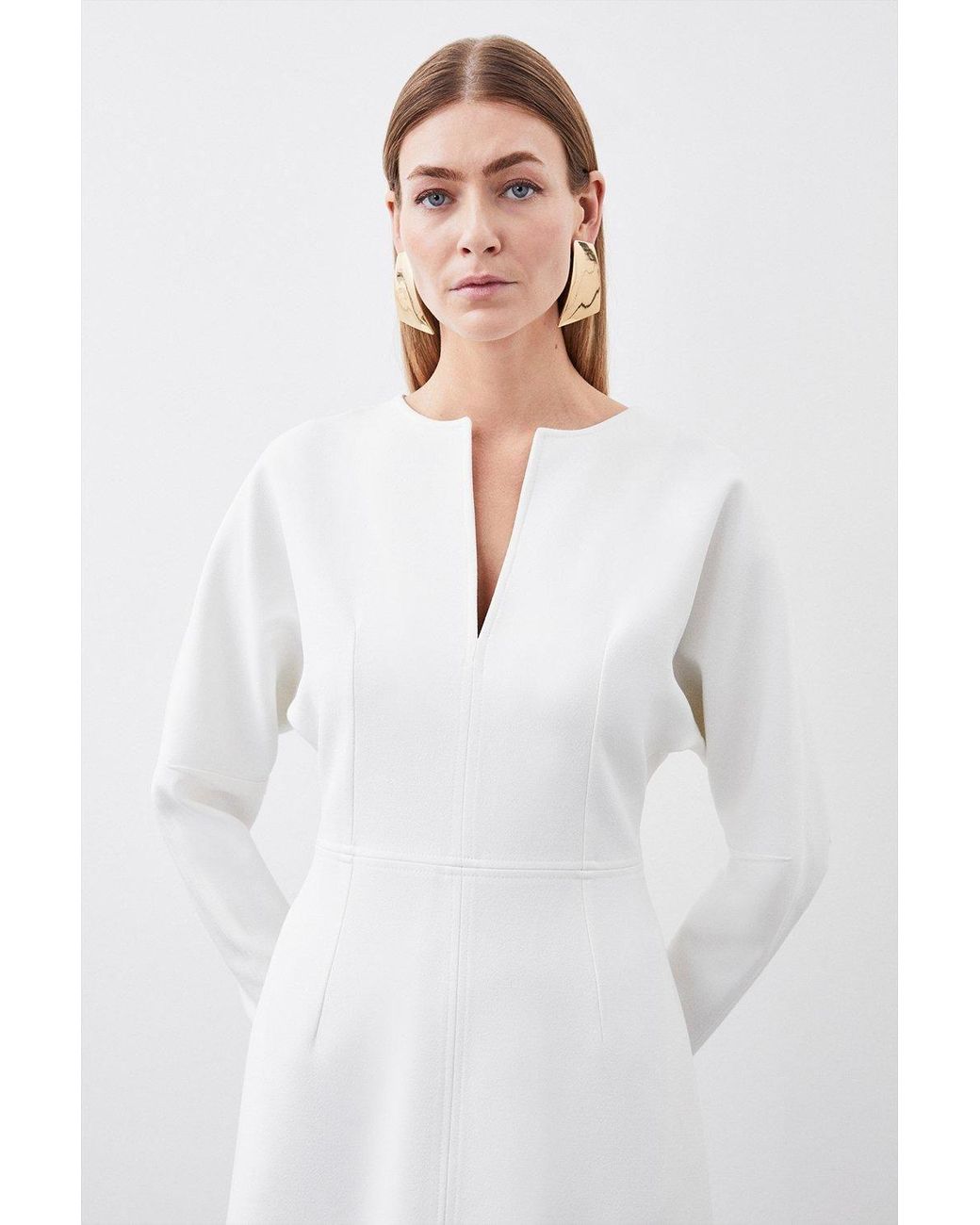 Karen Millen White Structured Crepe Tailored Keyhole Rounded A Line Midaxi Dress
