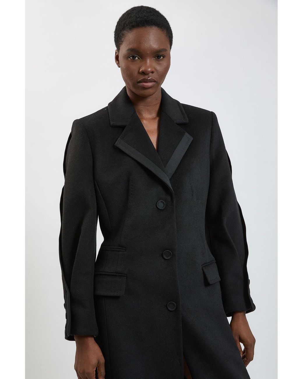 Karen Millen Black Wool Tailored Midi Full Skirt Satin Detail Coat