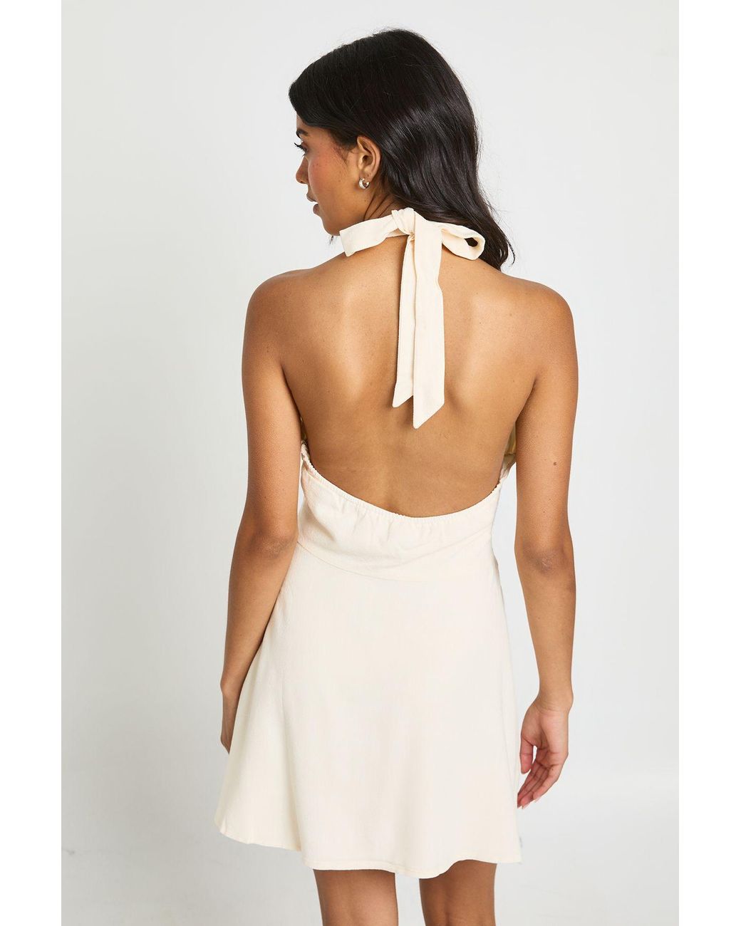 Boohoo Natural Linen Look Ruched Bust Halterneck Mini Dress