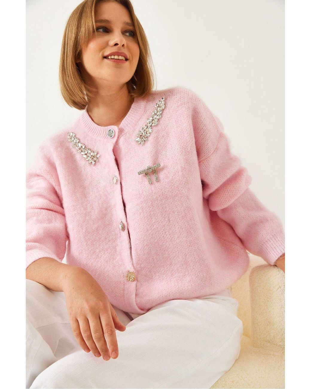 Bianco Lucci Pink Embellished Crew Neck Long Sleeve Cardigan