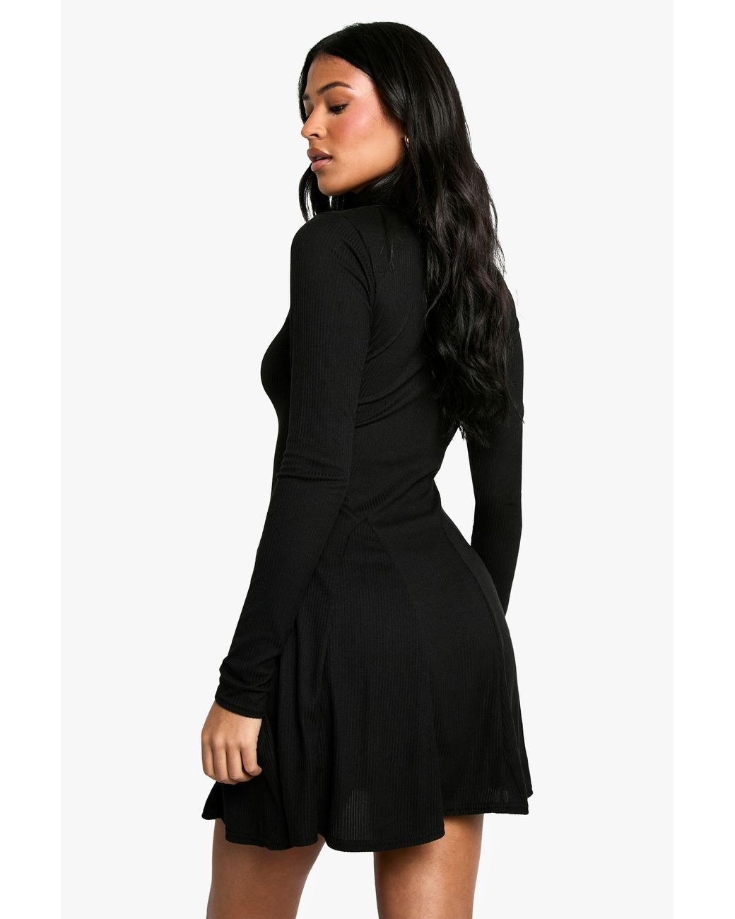 Boohoo Black Tall Roll Neck Godet Hem Rib Skater Dress