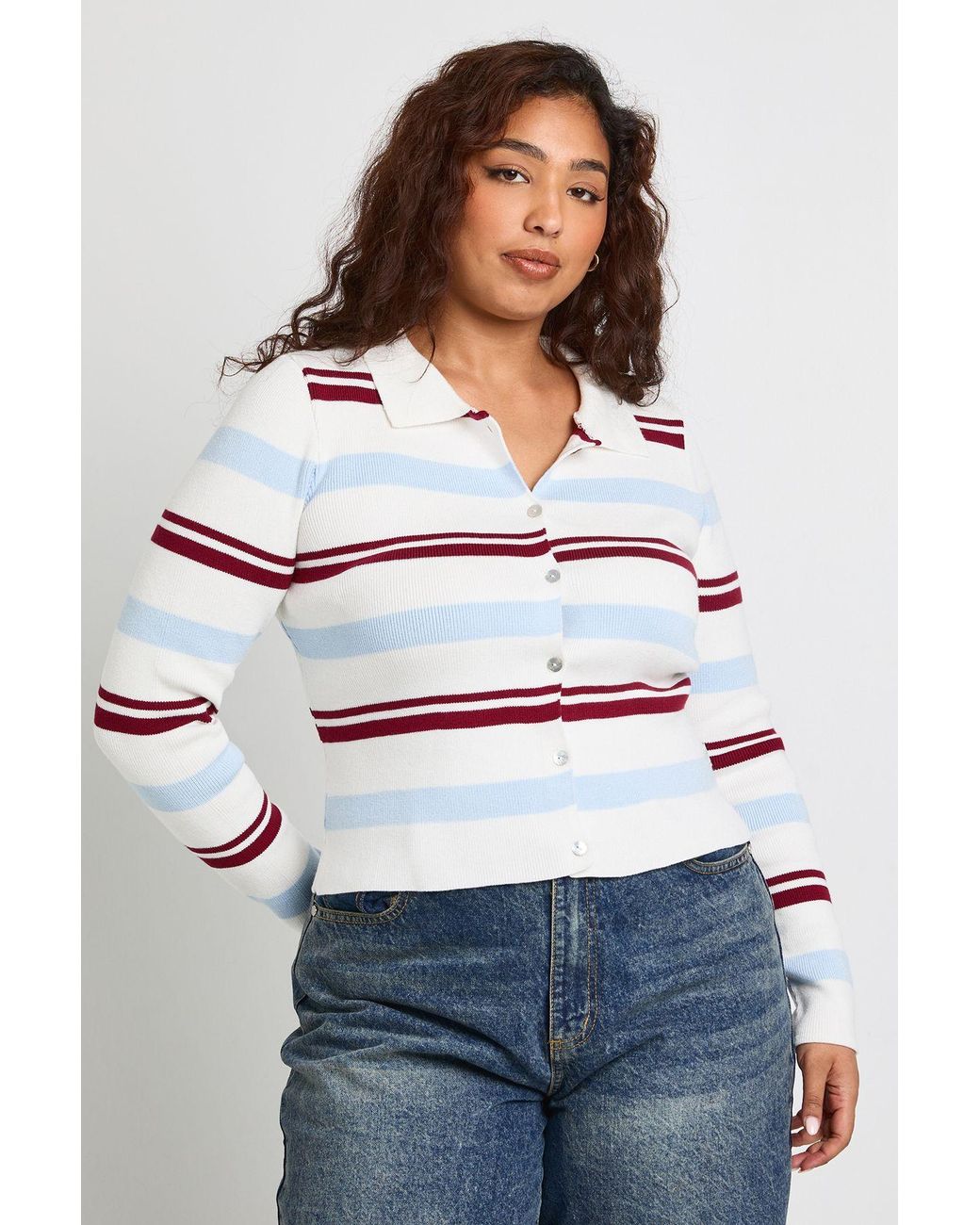 Boohoo White Plus Collared Stripe Crew Neck Cardigan