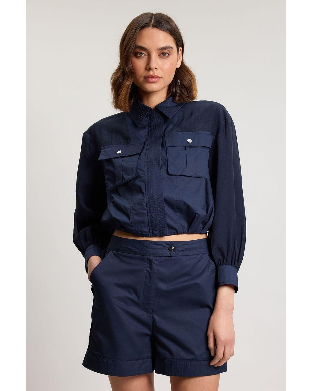 Karen Millen Blue Utility Organdie Cropped Pocket Detail Bomber Jacket