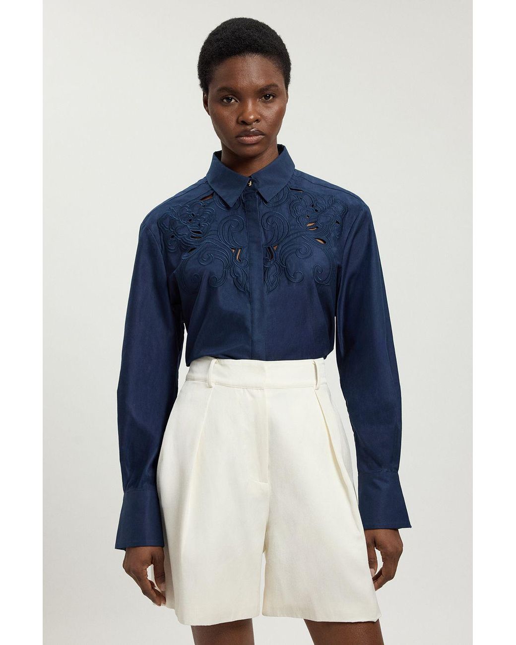 Karen Millen Blue Cotton Poplin Cutwork Shirt