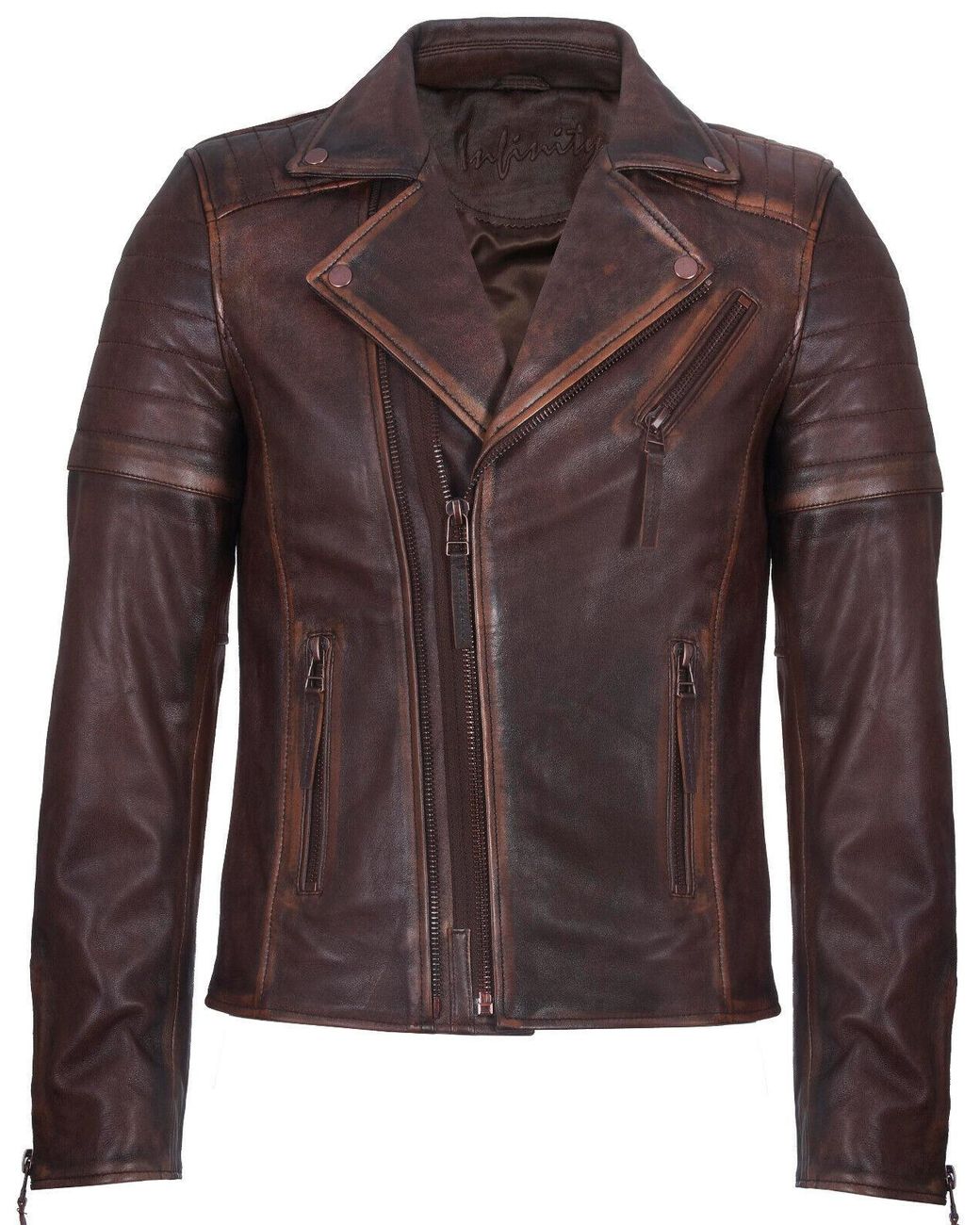 Infinity Leather Brown Slim Fit Brando Style Cross Zip Biker Jacket for men