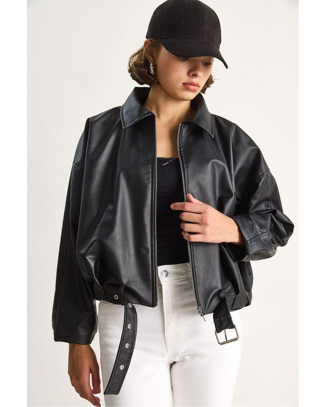 Bianco Lucci Black Faux Leather Bomber Jacket With Zipper Closure